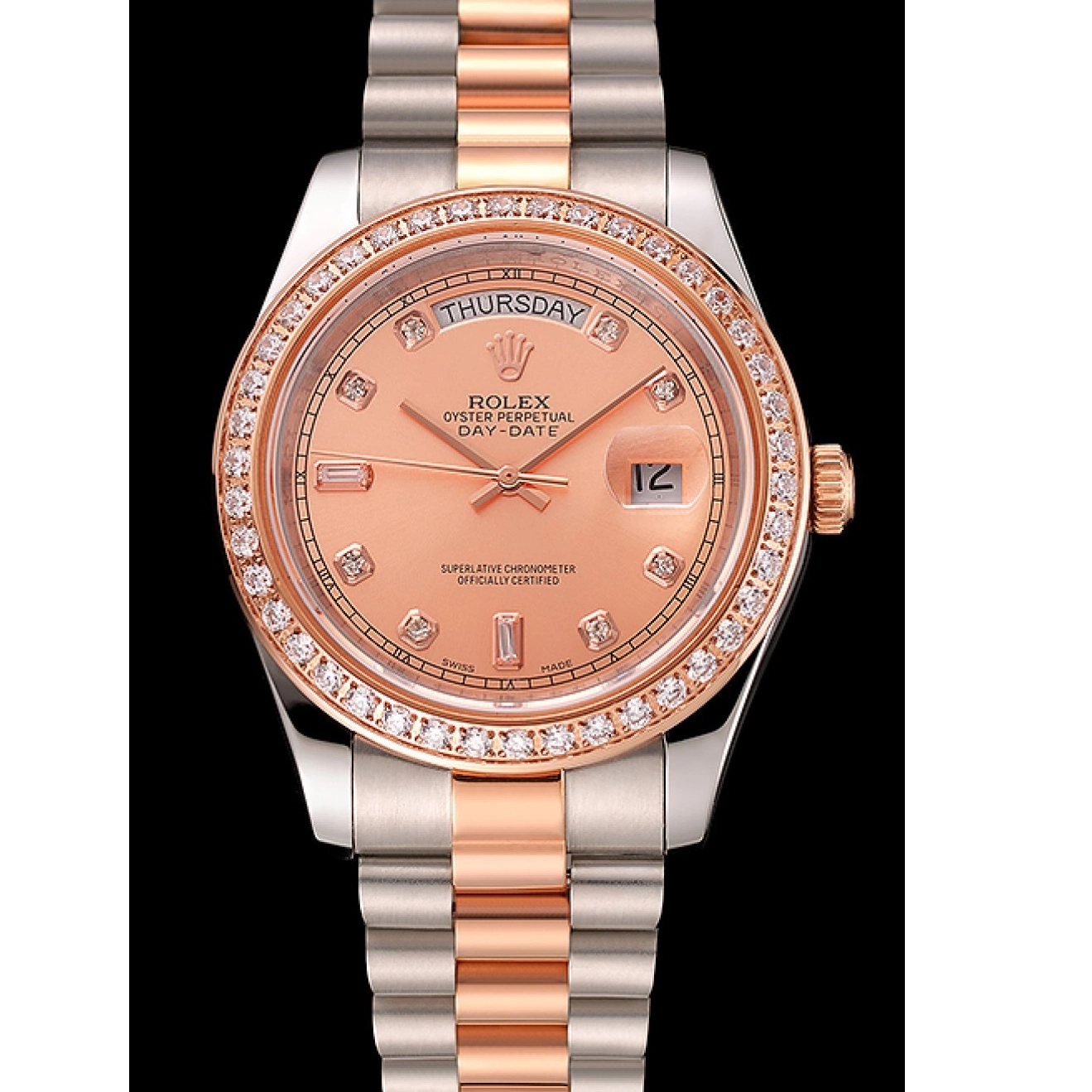 Aaa replica watch Rose Steel And Staineless Swiss Diamonds Bezel Rolex Day-Date Bracelet Gold 1454107 0803